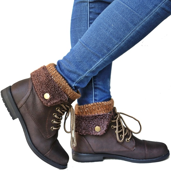 Shoes - Brown Sweater Top Combat Lace Up Ankle Boot Bootie